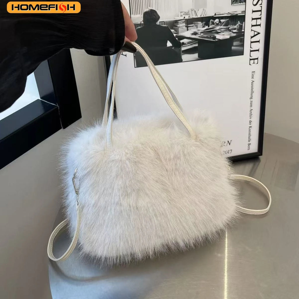 HOMEFISH Faux Fur Tote Bag Women's Bucket Plush Luxury Design Ladies Handbags Soft Winter Crossbody Shoulder Bags Bolsa Feminina