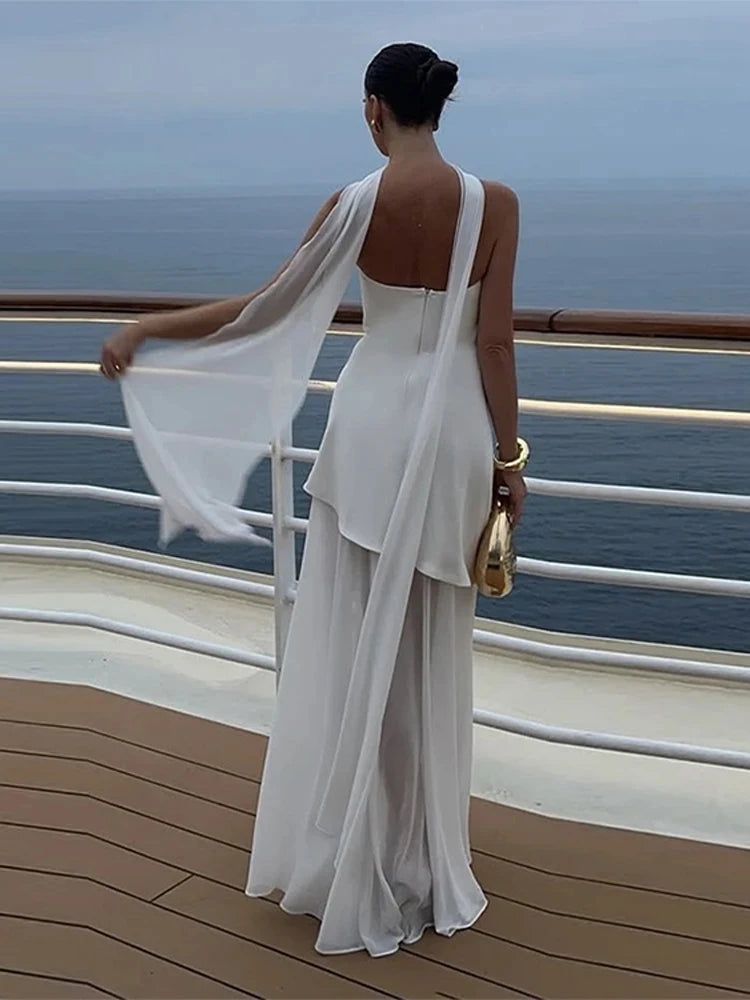Elegant Strapless Dress With Ribbon Female Fashion Sleeveless Mesh Beach Vacation Long Robes 2025 Spring New Women's Dresses