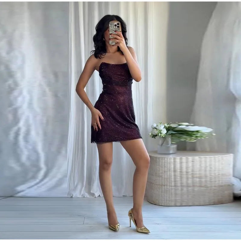 Rhinestone Shining Sexy Evening Dress Women Sleeveless Backless Slim Party Pleated Gown Female Dresses Street Vacation Lady Robe