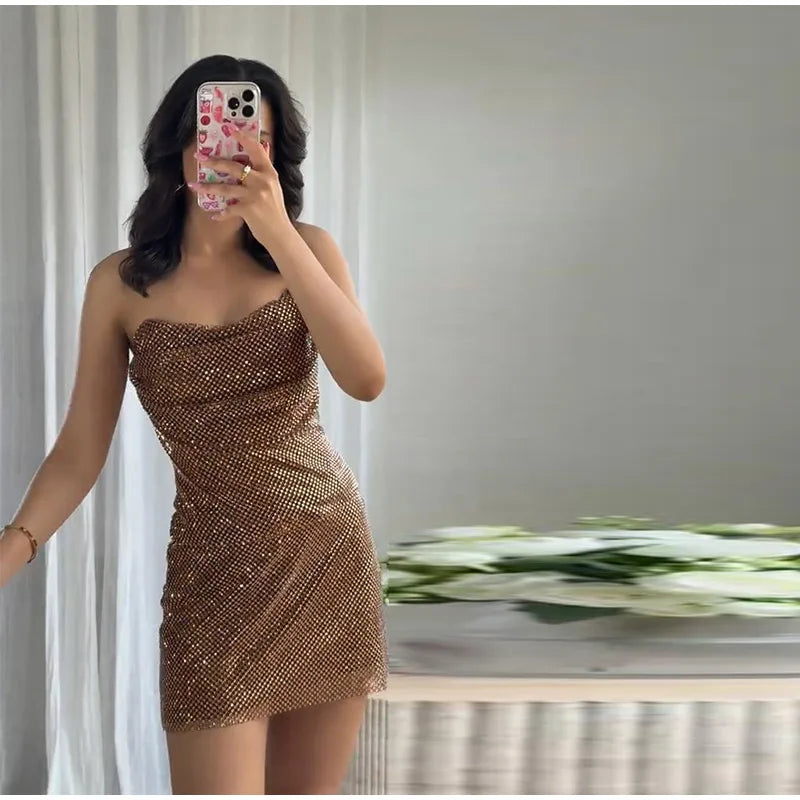 Rhinestone Shining Sexy Evening Dress Women Sleeveless Backless Slim Party Pleated Gown Female Dresses Street Vacation Lady Robe