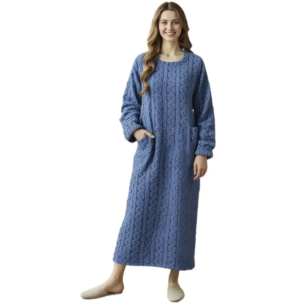 Flannel Nightgowns Long Sleeve Women Loose Double Pocket Solid Sleepwear Jacquard Night Dress Thickened Winter Warm Nightdress