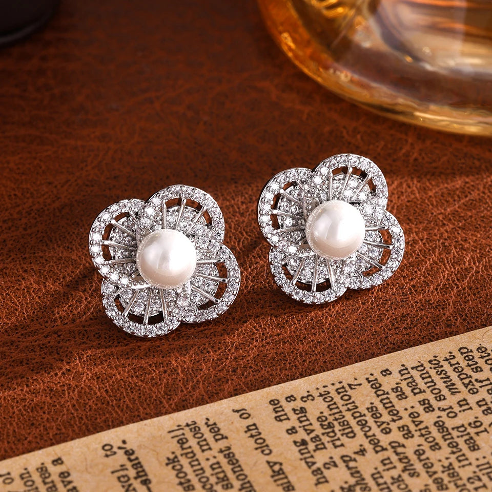ZAKOL Luxury AAA Zircon Round Pearl Earrings for Women Irregular Stud Earring Temperament Wedding Party Jewelry