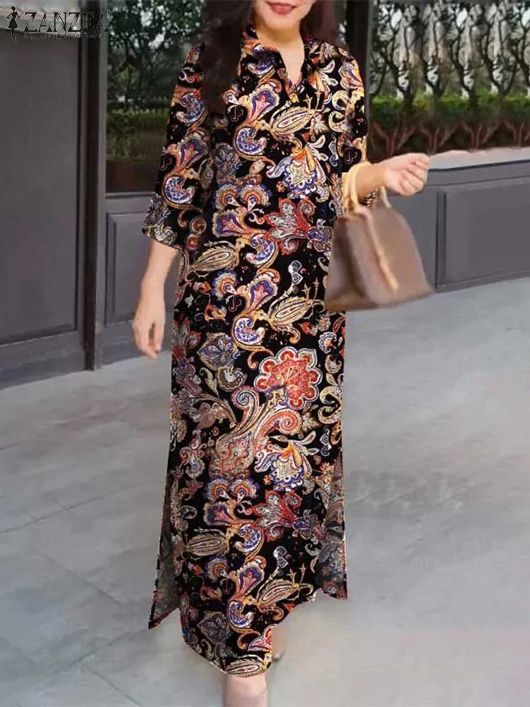 ZANZEA 2025 Autumn Casual Women's Floral Printed Long Dresses Vintage Dress Party Sundress Robe Lapel Neck 3/4 Sleeve Shirtdress