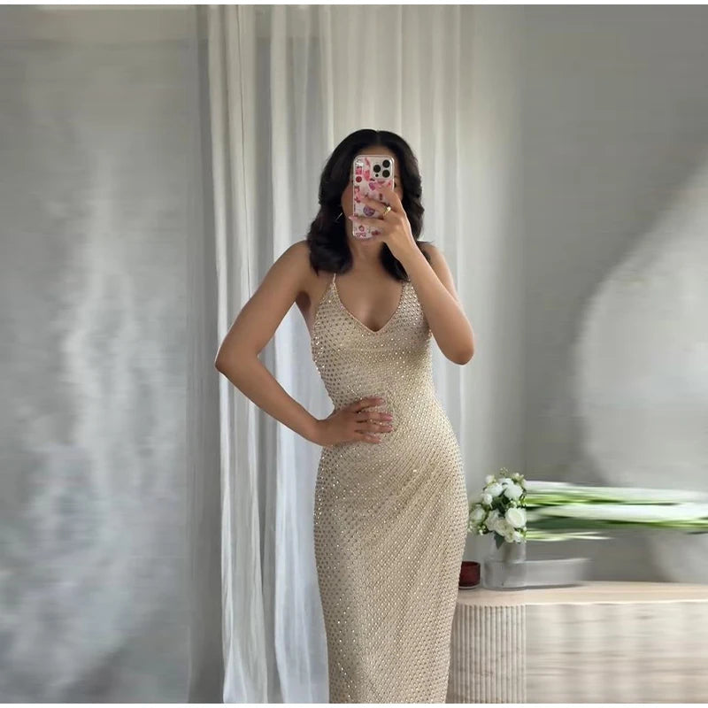 Rhinestone Shining Sexy Evening Dress Women Sleeveless Backless Slim Party Pleated Gown Female Dresses Street Vacation Lady Robe