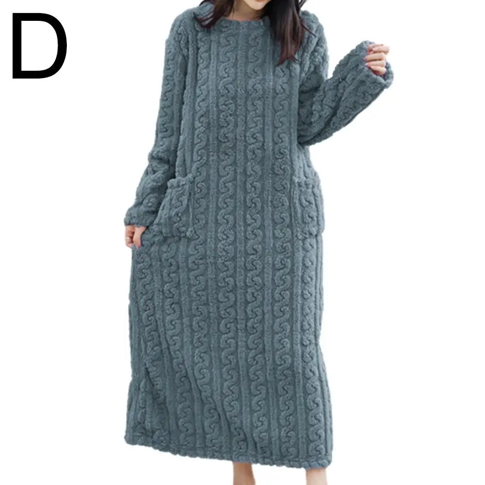 Flannel Nightgowns Long Sleeve Women Loose Double Pocket Solid Sleepwear Jacquard Night Dress Thickened Winter Warm Nightdress