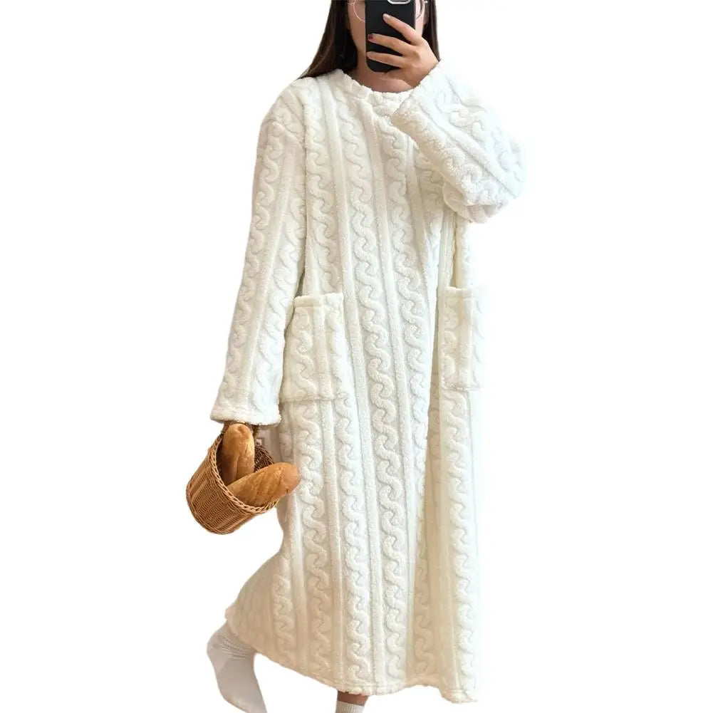 Flannel Nightgowns Long Sleeve Women Loose Double Pocket Solid Sleepwear Jacquard Night Dress Thickened Winter Warm Nightdress