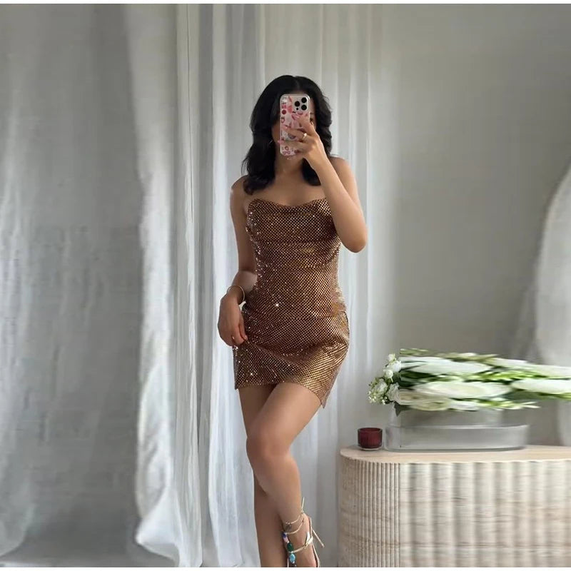 Rhinestone Shining Sexy Evening Dress Women Sleeveless Backless Slim Party Pleated Gown Female Dresses Street Vacation Lady Robe