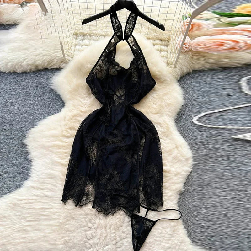 Sexy Women Night Dress Sleeveless Backless Porno Pajamas Floral Lace Erotic Nightwears+Thongs Satin Short Transparent Dresses