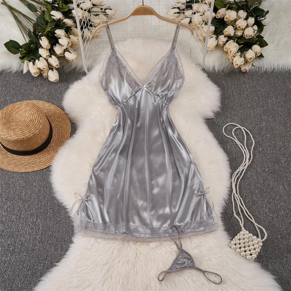 Sexy Women Night Dress Sleeveless Backless Porno Pajamas Floral Lace Erotic Nightwears+Thongs Satin Short Transparent Dresses
