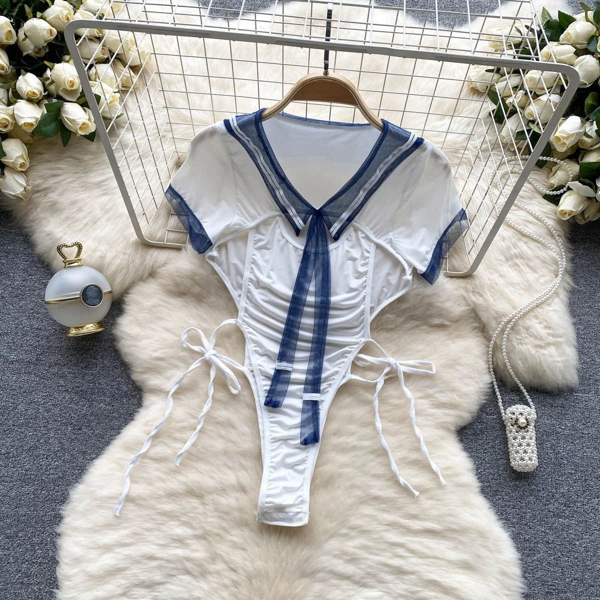Sexy Women Night Dress Sleeveless Backless Porno Pajamas Floral Lace Erotic Nightwears+Thongs Satin Short Transparent Dresses