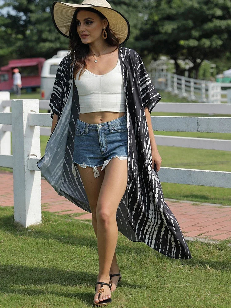 2025 Beach Kimono Cover-up Loose Swimsuit Cover Up Front Open Belt Kaftan Robe Plage Beach Pareos Dress Tunic Beach Wear