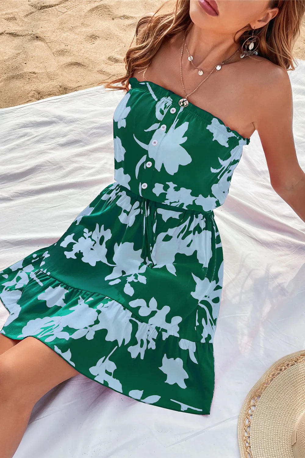 YEMOGGY Elegant Floral Print Dress for Women Summer Dresses 2024 New Casual Single Breasted Lace-up Sexy Bandeau Mini Dress
