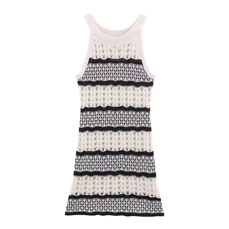 Women Knitted Hollow Out Mini Dresses Round Neck Sleeveless Off Shoulder Short Dress Lady Casual Summer Holiday Beach Robes
