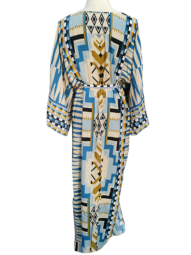 2025 Beach Kimono Cover-up Loose Swimsuit Cover Up Front Open Belt Kaftan Robe Plage Beach Pareos Dress Tunic Beach Wear