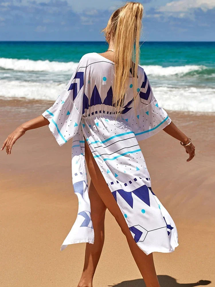 2025 Beach Kimono Cover-up Loose Swimsuit Cover Up Front Open Belt Kaftan Robe Plage Beach Pareos Dress Tunic Beach Wear