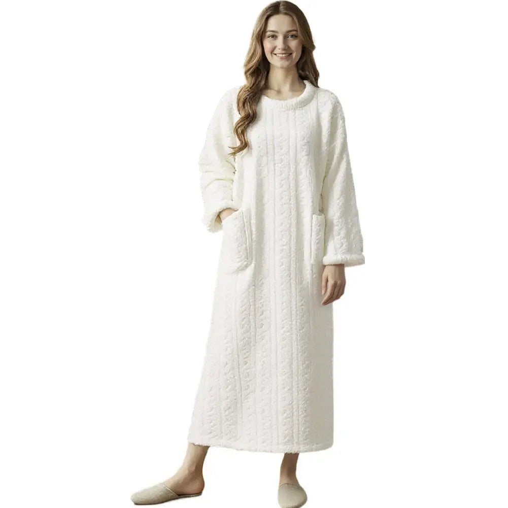 Flannel Nightgowns Long Sleeve Women Loose Double Pocket Solid Sleepwear Jacquard Night Dress Thickened Winter Warm Nightdress