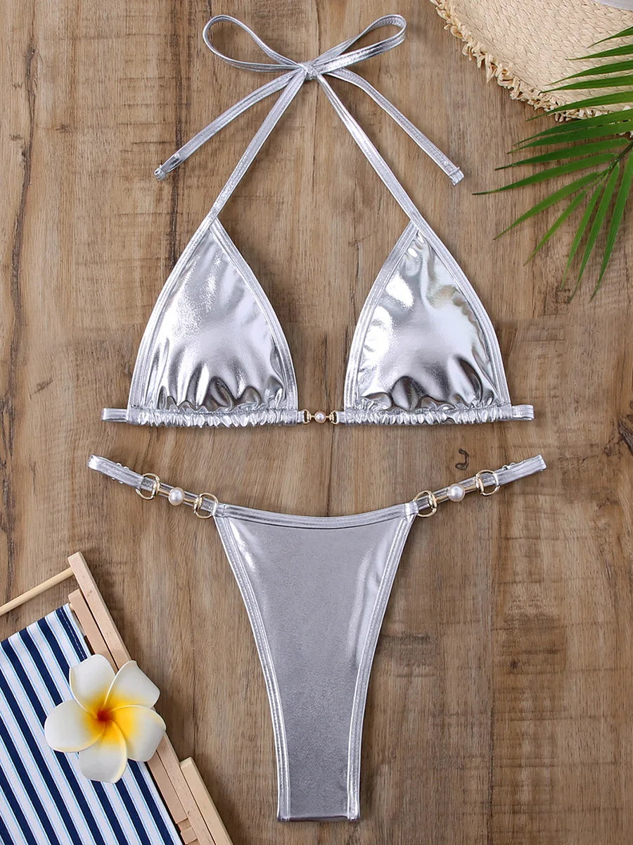 PU Leather Pearls Bikini Mini Micro Thong Bikinis Women Swimwear Female Swimsuit Two-piece Bikini Set Halter Bathing Suit Swim