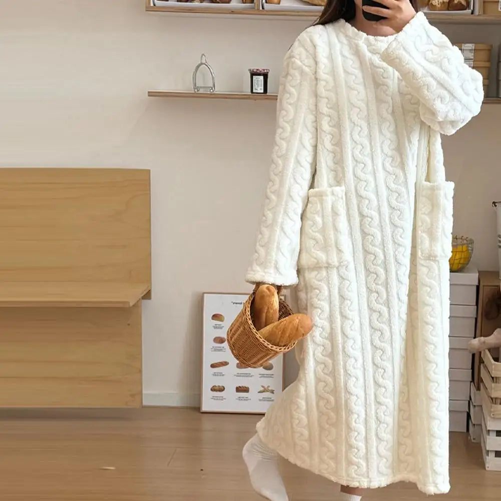 Flannel Nightgowns Long Sleeve Women Loose Double Pocket Solid Sleepwear Jacquard Night Dress Thickened Winter Warm Nightdress