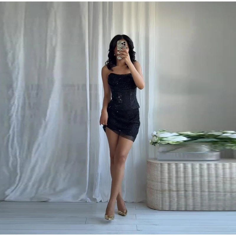 Rhinestone Shining Sexy Evening Dress Women Sleeveless Backless Slim Party Pleated Gown Female Dresses Street Vacation Lady Robe