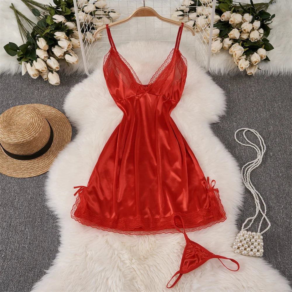 Sexy Women Night Dress Sleeveless Backless Porno Pajamas Floral Lace Erotic Nightwears+Thongs Satin Short Transparent Dresses