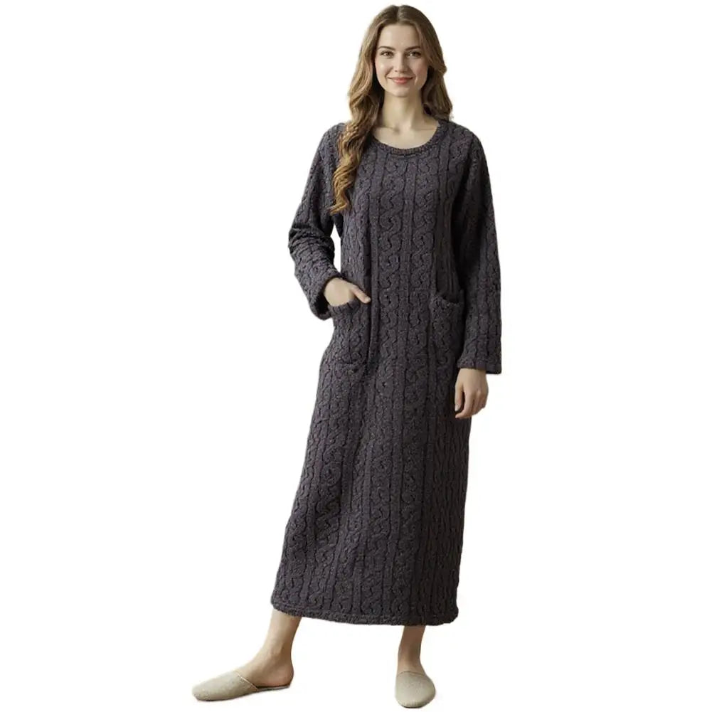Flannel Nightgowns Long Sleeve Women Loose Double Pocket Solid Sleepwear Jacquard Night Dress Thickened Winter Warm Nightdress