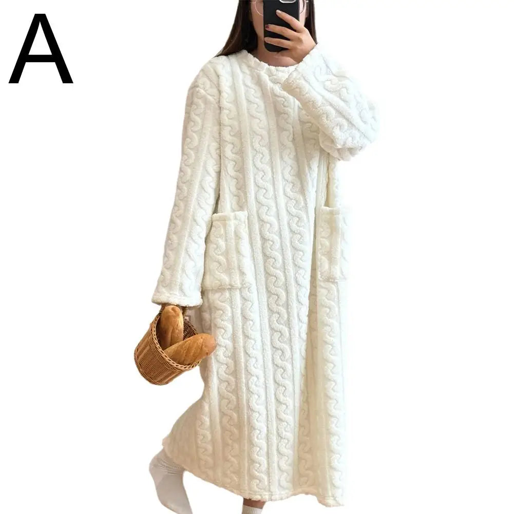 Flannel Nightgowns Long Sleeve Women Loose Double Pocket Solid Sleepwear Jacquard Night Dress Thickened Winter Warm Nightdress