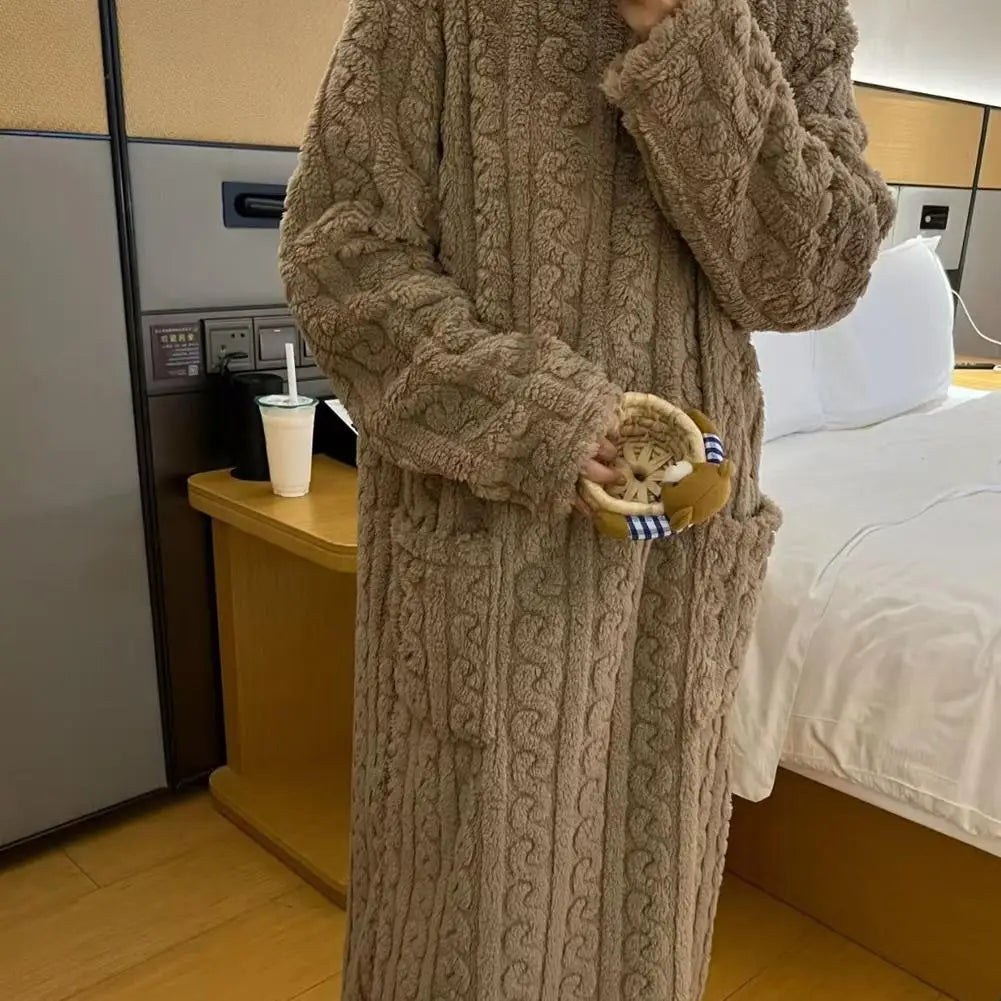 Flannel Nightgowns Long Sleeve Women Loose Double Pocket Solid Sleepwear Jacquard Night Dress Thickened Winter Warm Nightdress