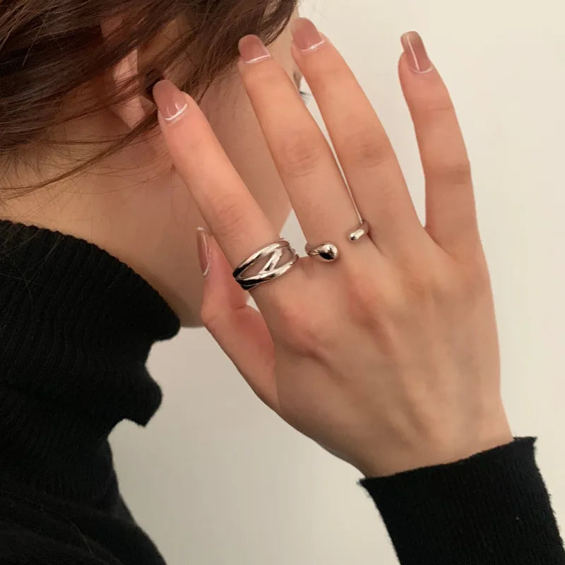 925 Silver Rings for Women Thick Wave Wide Solid Double-layer Punk Trendy Couple Female Party Birthday Gift