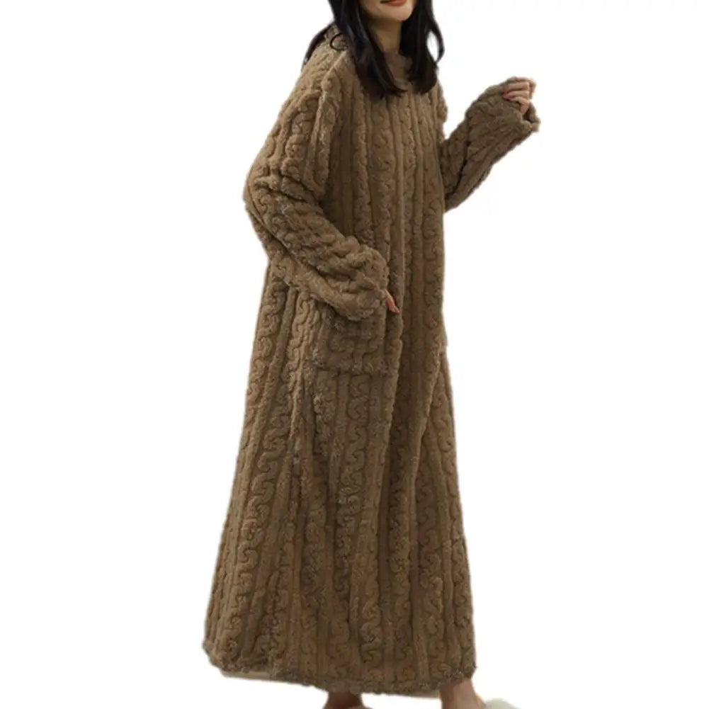 Flannel Nightgowns Long Sleeve Women Loose Double Pocket Solid Sleepwear Jacquard Night Dress Thickened Winter Warm Nightdress