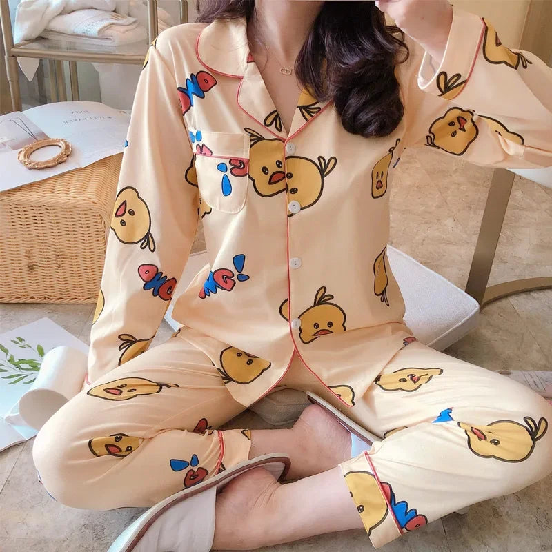Spring Autumn Winter Long Sleeve Trousers Sleepwear Women's Cardigan Korean Style Outer Wear Casual Thin Homewear Two-piece Suit