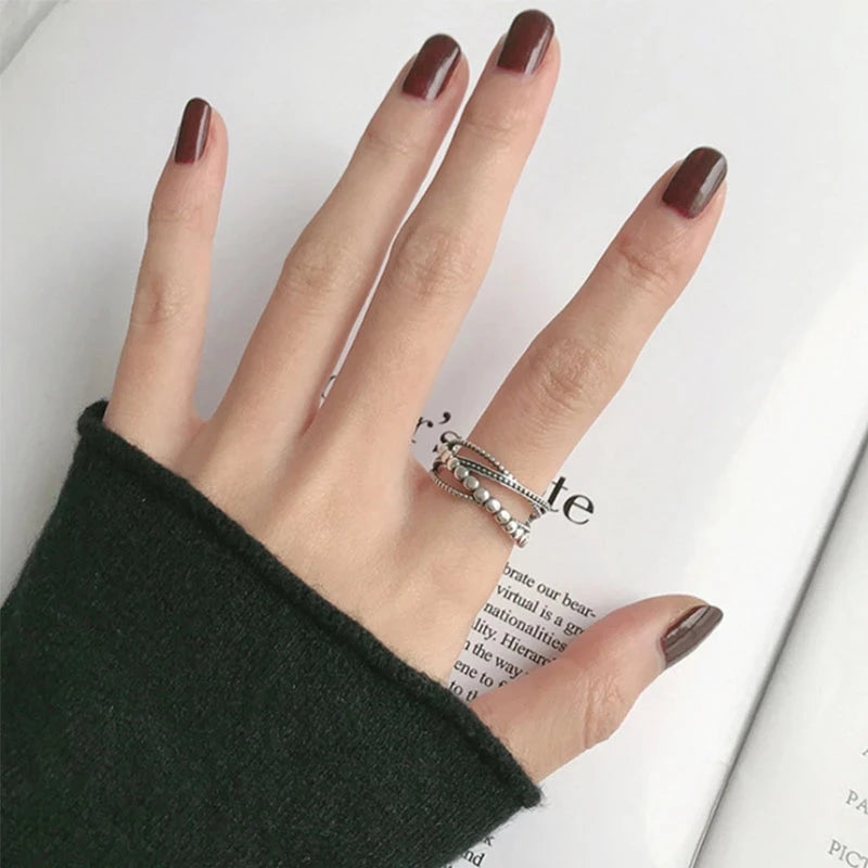 925 Silver Rings for Women Thick Wave Wide Solid Double-layer Punk Trendy Couple Female Party Birthday Gift