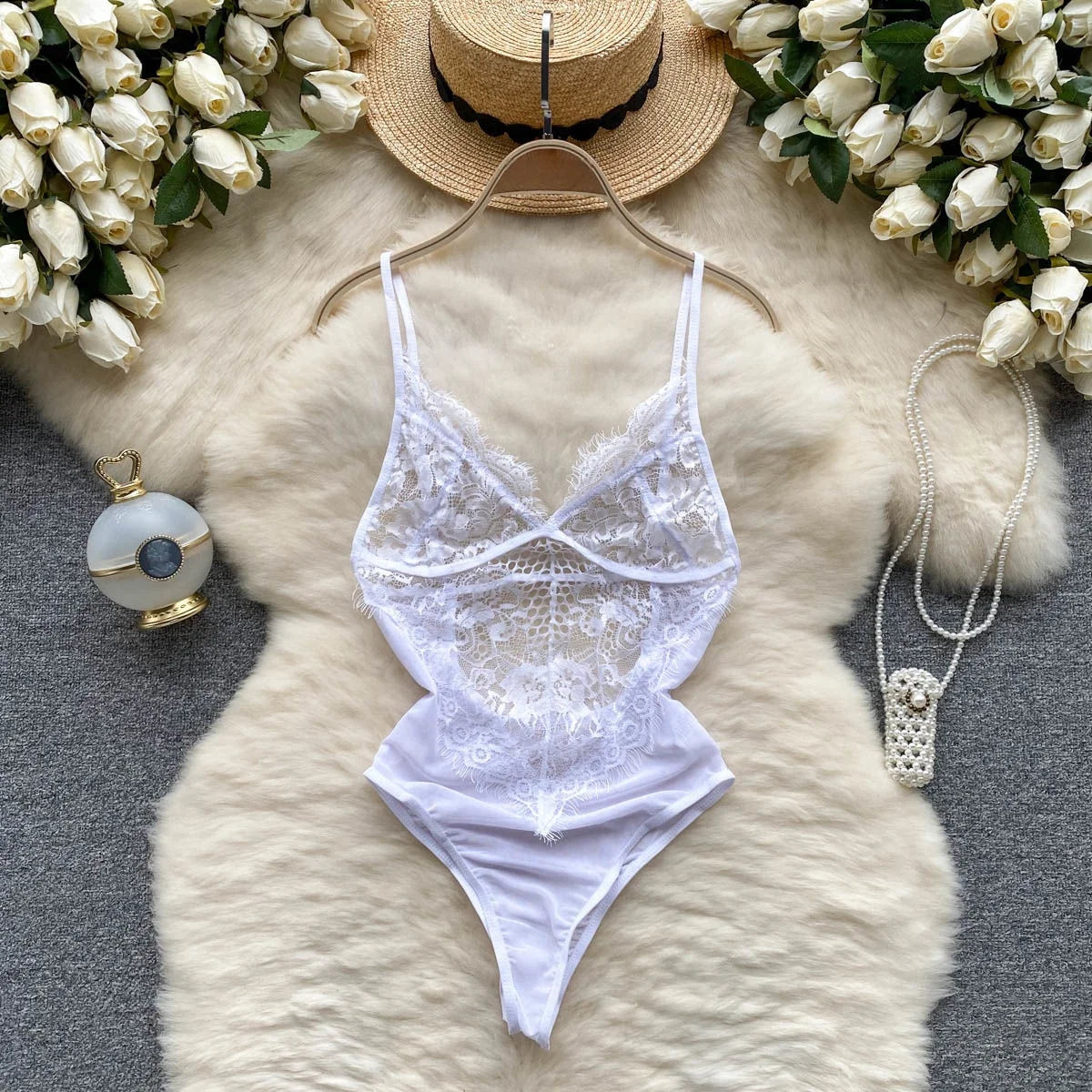 Sexy Women Night Dress Sleeveless Backless Porno Pajamas Floral Lace Erotic Nightwears+Thongs Satin Short Transparent Dresses