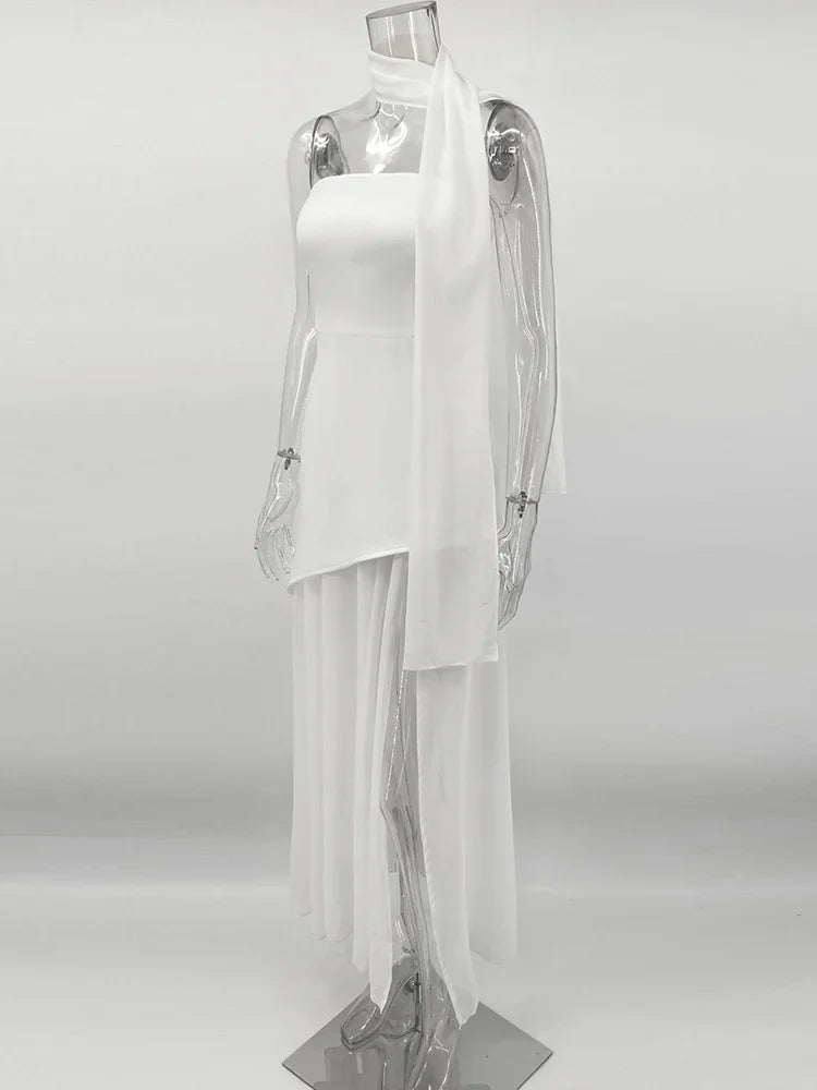 Elegant Strapless Dress With Ribbon Female Fashion Sleeveless Mesh Beach Vacation Long Robes 2025 Spring New Women's Dresses