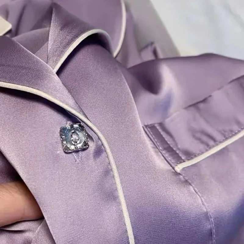 Spring Autumn New Ice Silk Sleepwear Women Lapel Diamond Clasp Cardigan Women Two Piece Set Elegance Purple Women's Pajamas