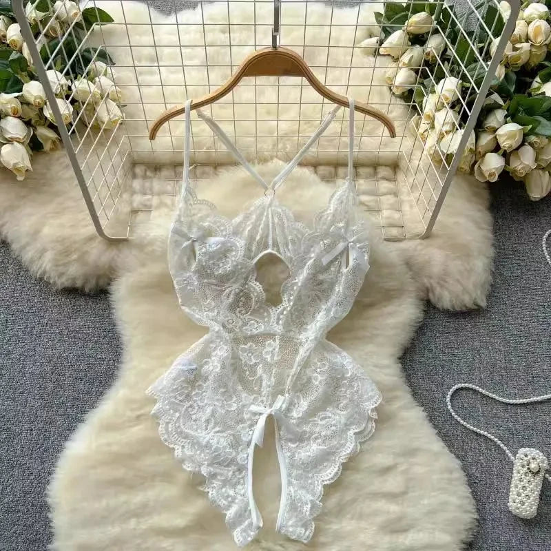 Sexy Women Night Dress Sleeveless Backless Porno Pajamas Floral Lace Erotic Nightwears+Thongs Satin Short Transparent Dresses
