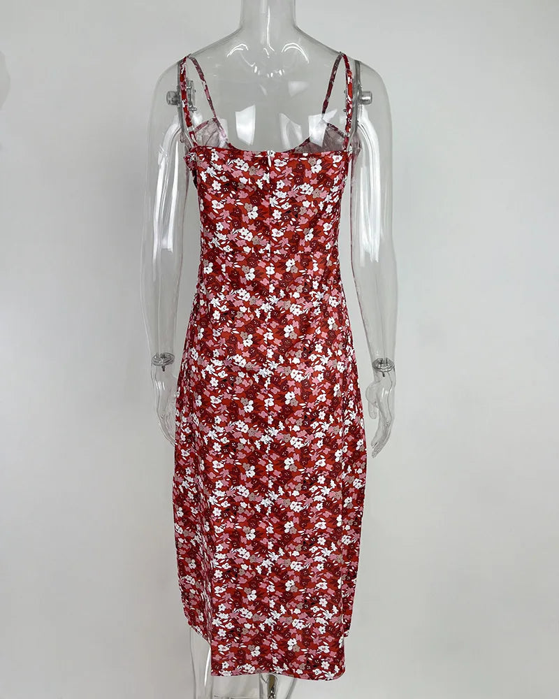 Flower Printed Spaghetti Strap Dresses For Women Sexy Low Cut Beach Party Slim Slit Dress Chic Bodycon Lady Sleeveless Vestidos