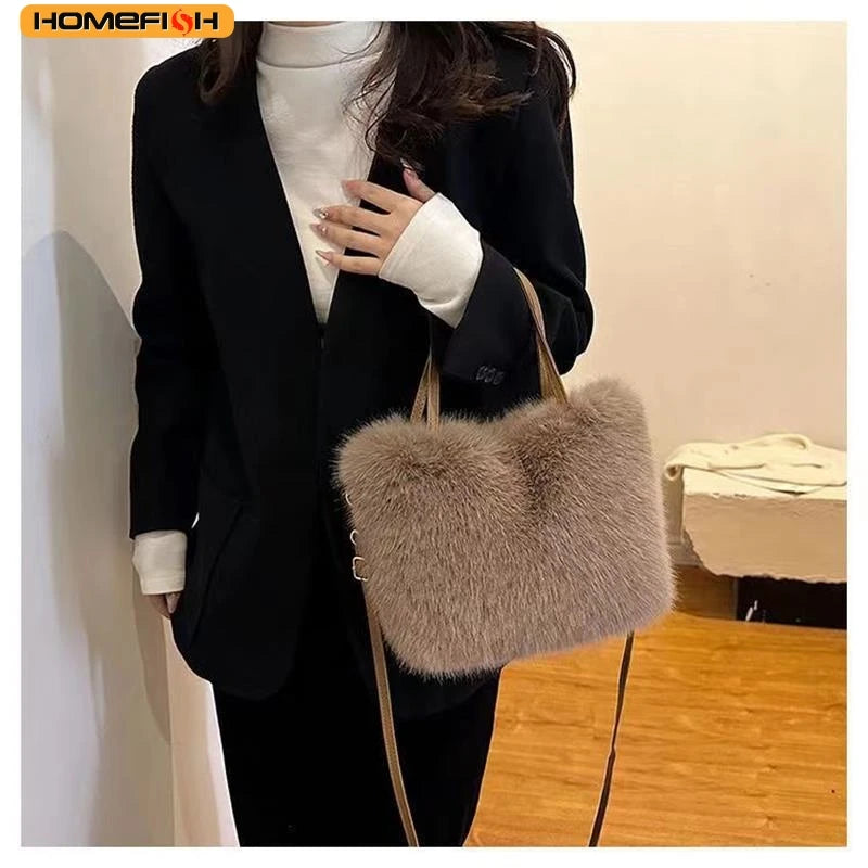 HOMEFISH Faux Fur Tote Bag Women's Bucket Plush Luxury Design Ladies Handbags Soft Winter Crossbody Shoulder Bags Bolsa Feminina