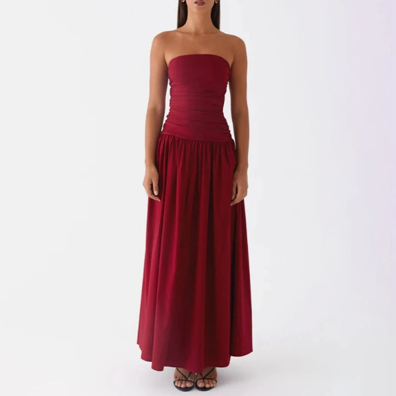 Maemukilabe Women Summer Strapless Maxi Dress Sexy A Line Flowy Tube Top Dress Y2K Elegant Wedding Party Cocktail Long Dresses