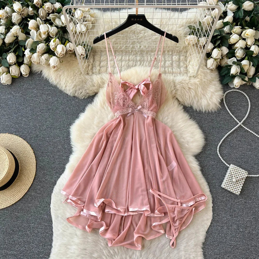 Sexy Women Night Dress Sleeveless Backless Porno Pajamas Floral Lace Erotic Nightwears+Thongs Satin Short Transparent Dresses