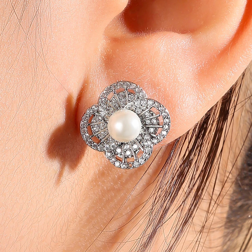 ZAKOL Luxury AAA Zircon Round Pearl Earrings for Women Irregular Stud Earring Temperament Wedding Party Jewelry