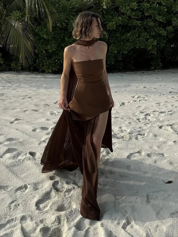 Elegant Strapless Dress With Ribbon Female Fashion Sleeveless Mesh Beach Vacation Long Robes 2025 Spring New Women's Dresses