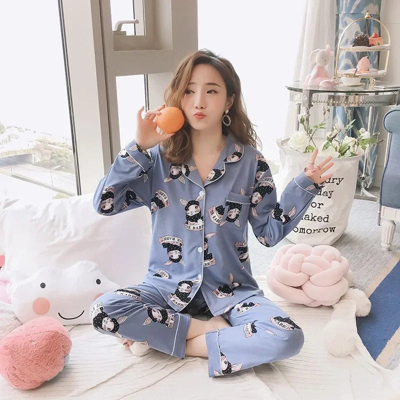 Spring Autumn Winter Long Sleeve Trousers Sleepwear Women's Cardigan Korean Style Outer Wear Casual Thin Homewear Two-piece Suit