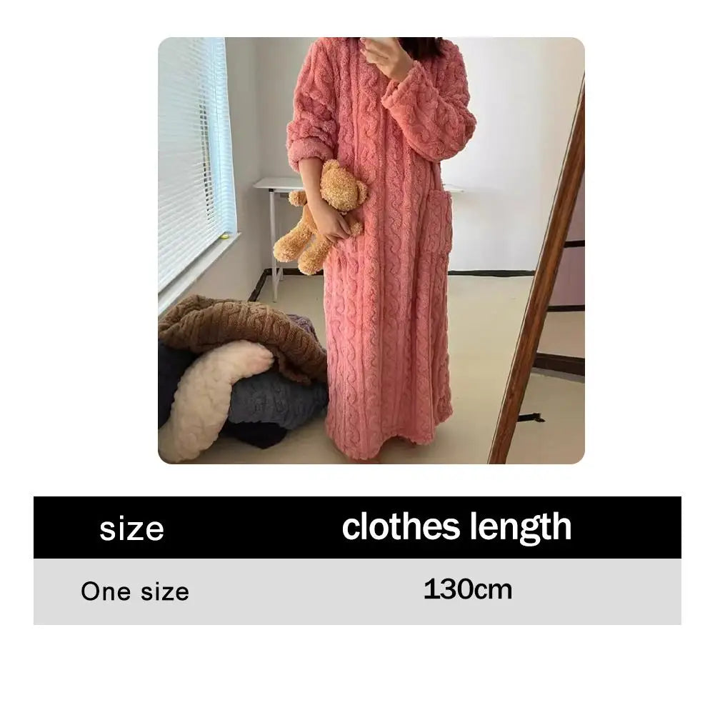 Flannel Nightgowns Long Sleeve Women Loose Double Pocket Solid Sleepwear Jacquard Night Dress Thickened Winter Warm Nightdress