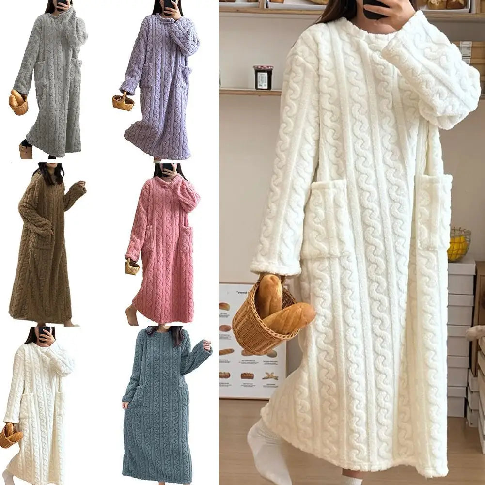Flannel Nightgowns Long Sleeve Women Loose Double Pocket Solid Sleepwear Jacquard Night Dress Thickened Winter Warm Nightdress