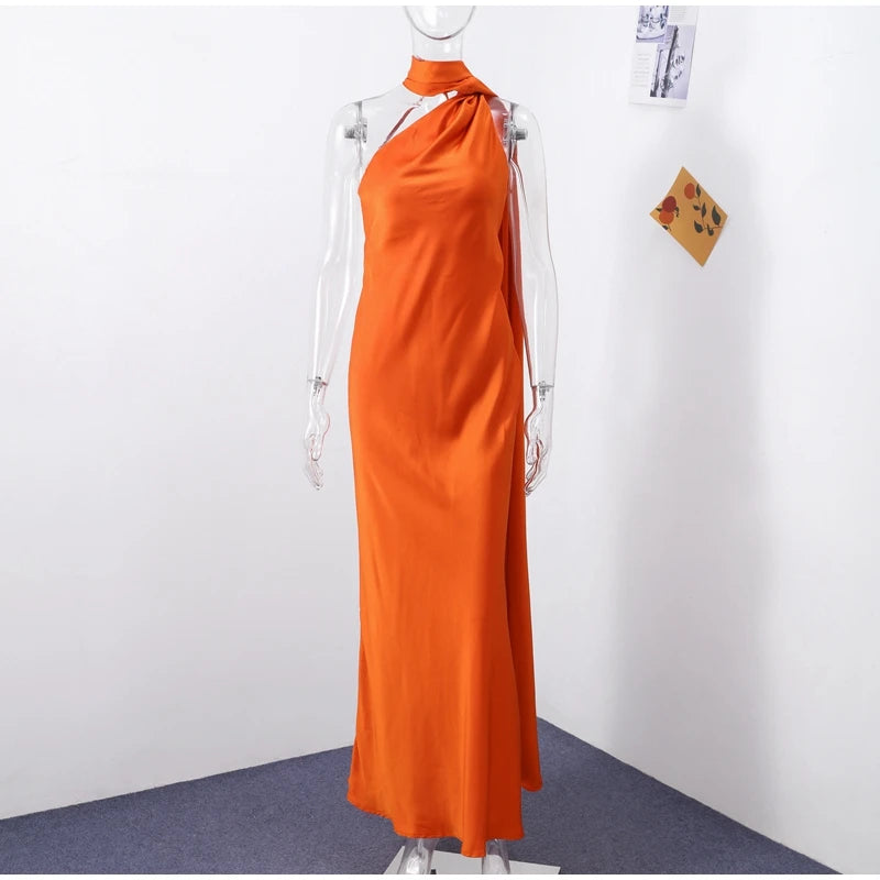Sexy Satin Ribbon Party Dress Women Elegant Halter Backless Off Shoulder Sleeveless Female Dresses 2024 Summer Solid Robe Gown