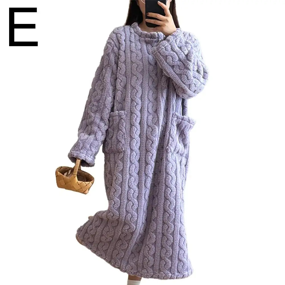 Flannel Nightgowns Long Sleeve Women Loose Double Pocket Solid Sleepwear Jacquard Night Dress Thickened Winter Warm Nightdress