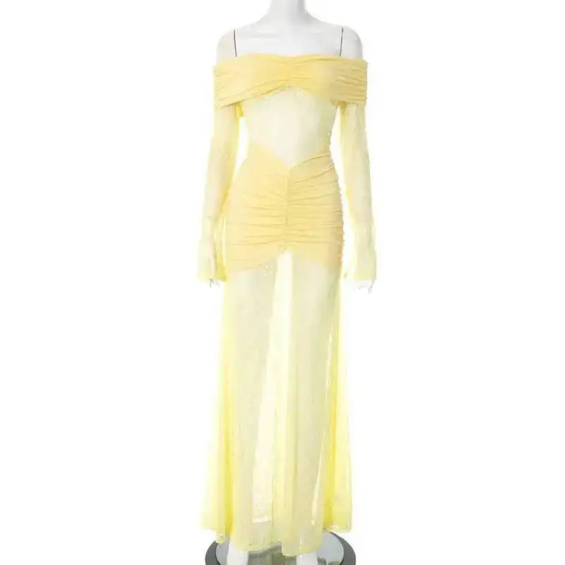 Townlike Pleated Slim Bodycon Maxi Long Dress Women Off Shoulder 2025 Autumn Winter Dress Lace Patchwork Sexy Party Dresses
