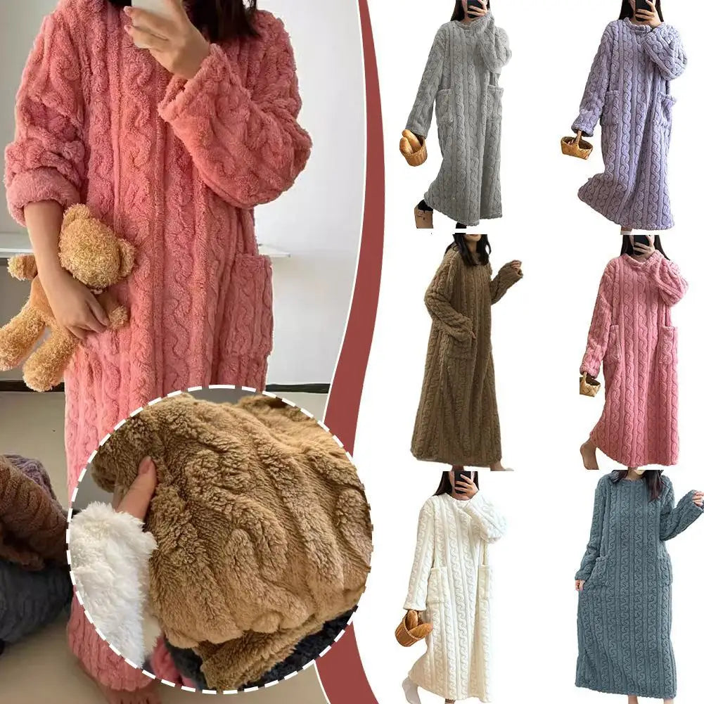 Flannel Nightgowns Long Sleeve Women Loose Double Pocket Solid Sleepwear Jacquard Night Dress Thickened Winter Warm Nightdress
