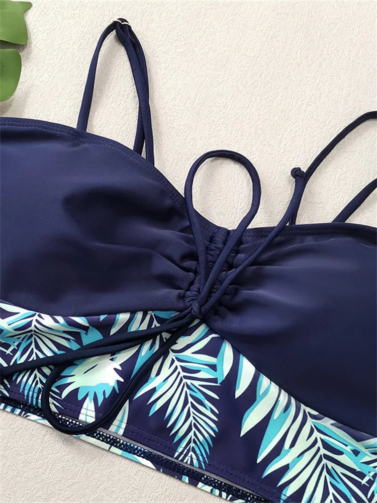 High Waist Bikini Women Vintage Floral Print Pleate Drawstring Push Up Patchwork Swimsuit 2025 Large Size Bathing Suit Swimwear