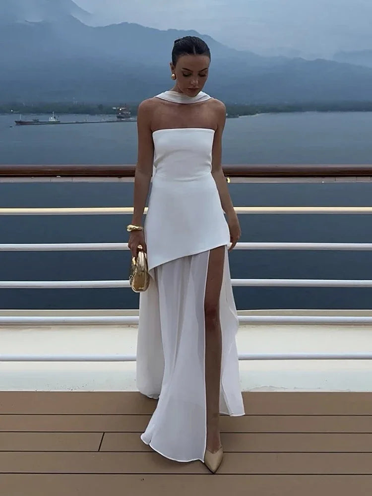 Elegant Strapless Dress With Ribbon Female Fashion Sleeveless Mesh Beach Vacation Long Robes 2025 Spring New Women's Dresses
